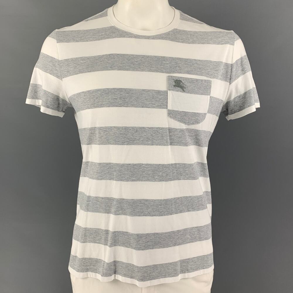 BURBERRY Size L White Grey Stripe Cotton Crew-Neck T-shirt
